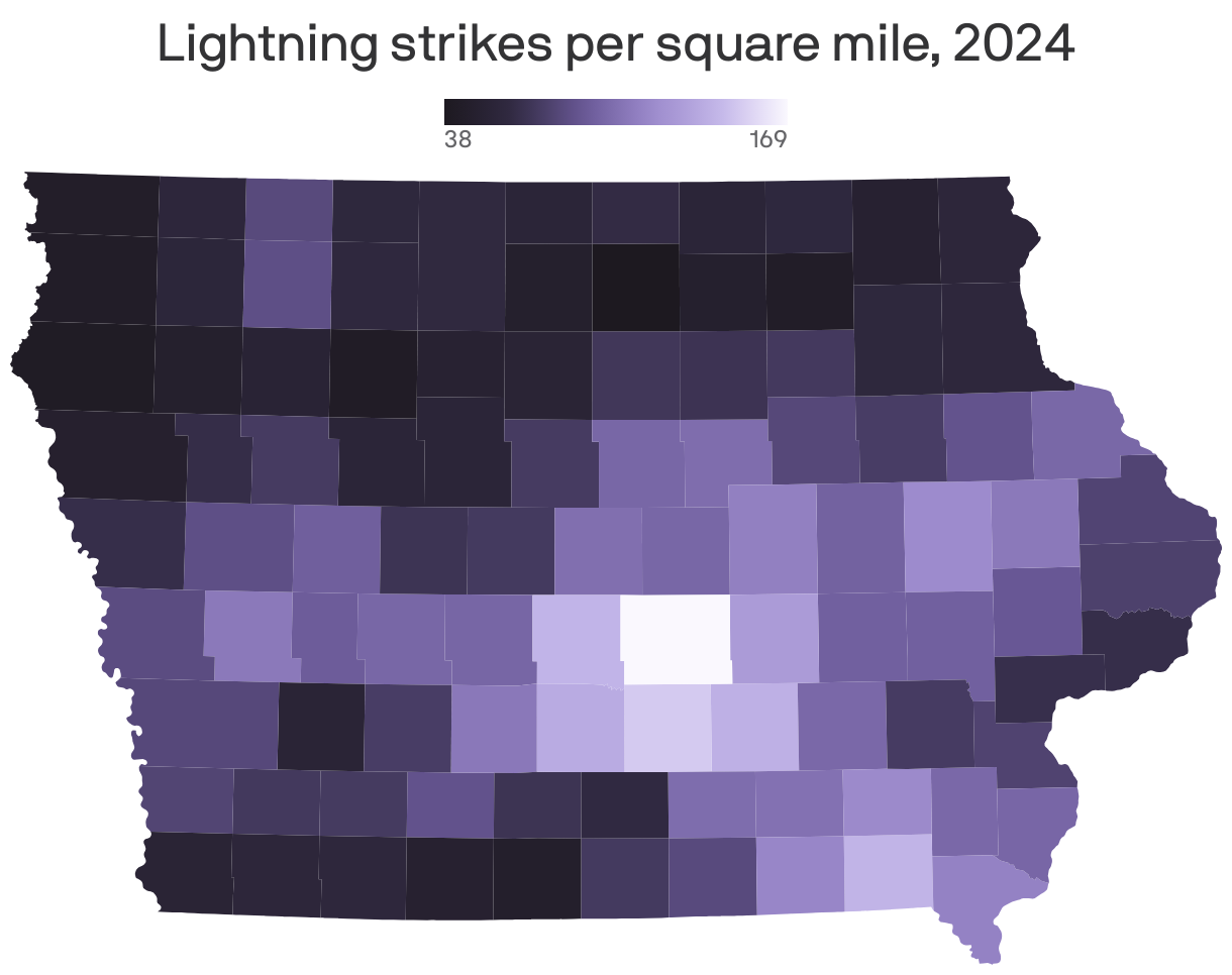 A map showing lightning strikes per square mile in 2024.