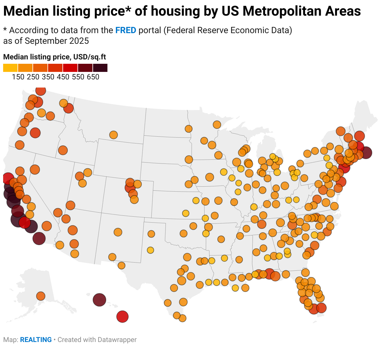 Median listing price* of housing by US Metropolitan Areas (Symbol map)