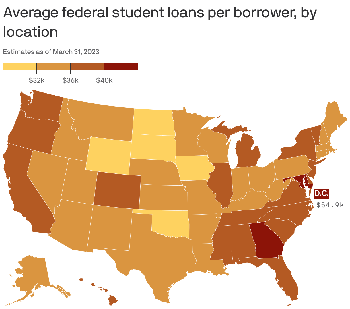 Average federal student loans per borrower, by location