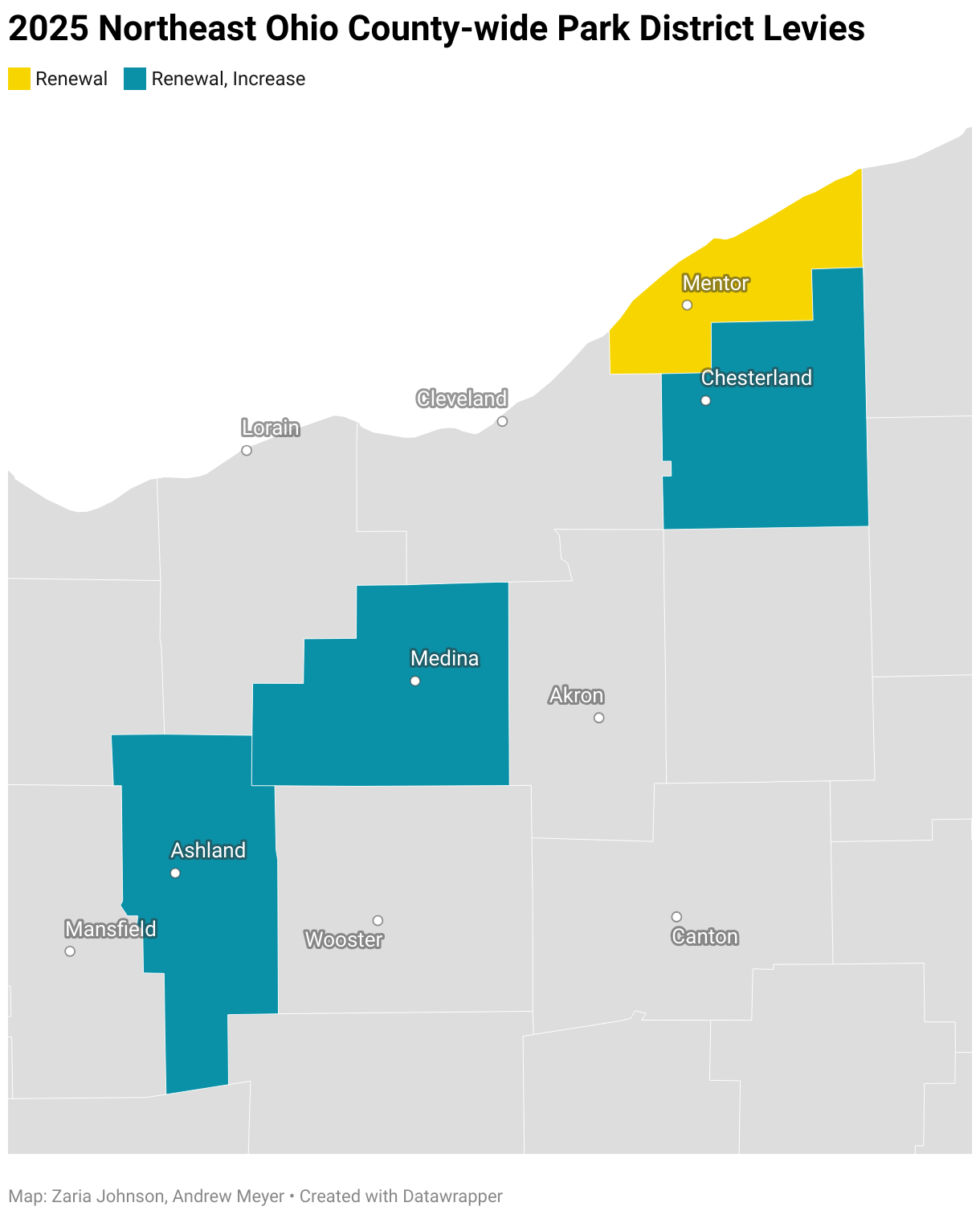 An interactive map showing the Northeast Ohio counties with park distric levies on the November 2025 ballot