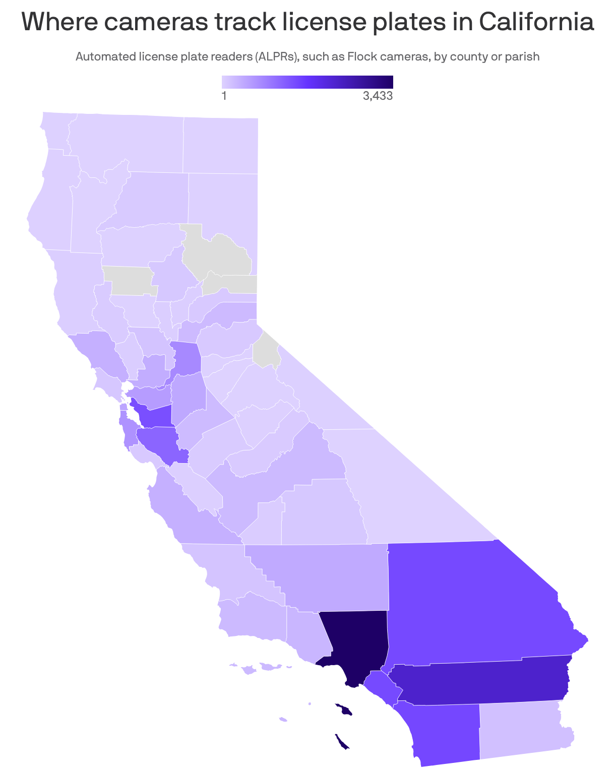 A map showing in the number of ALPR cameras in each county in the state. Darker shades represent more cameras, lighter shades represent fewer, and gray means there have been no cameras reported in that county.