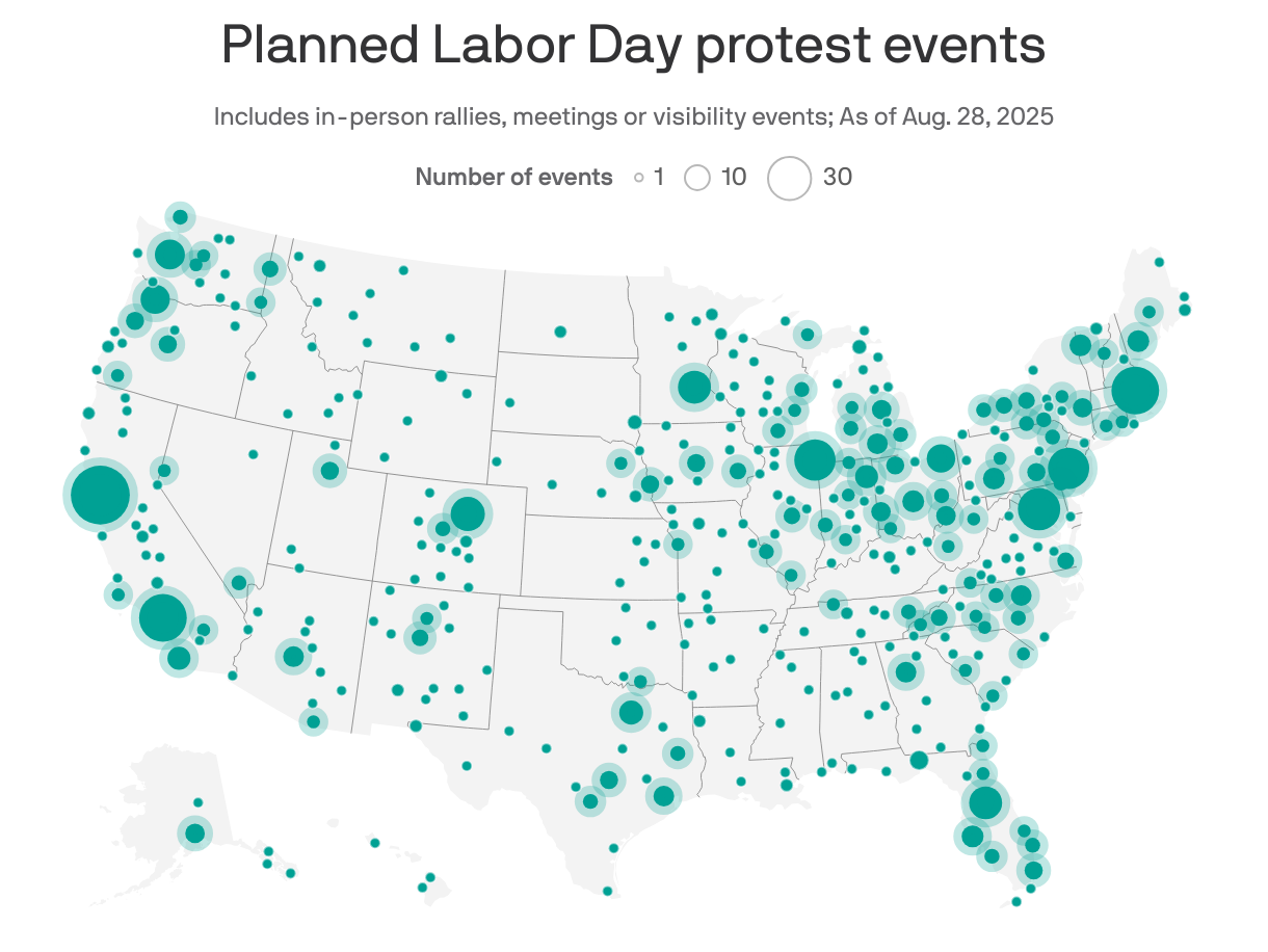 A map of the U.S. showing the locations of Labor Day protest events planned for September 1, 2025. There were more than 1,000 in-person events planned in cities as of August 28.
