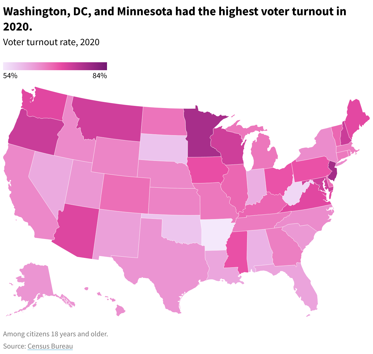 US map showing voter turnout rate by state among citizens 18 years and older in the 2020 presidential election.