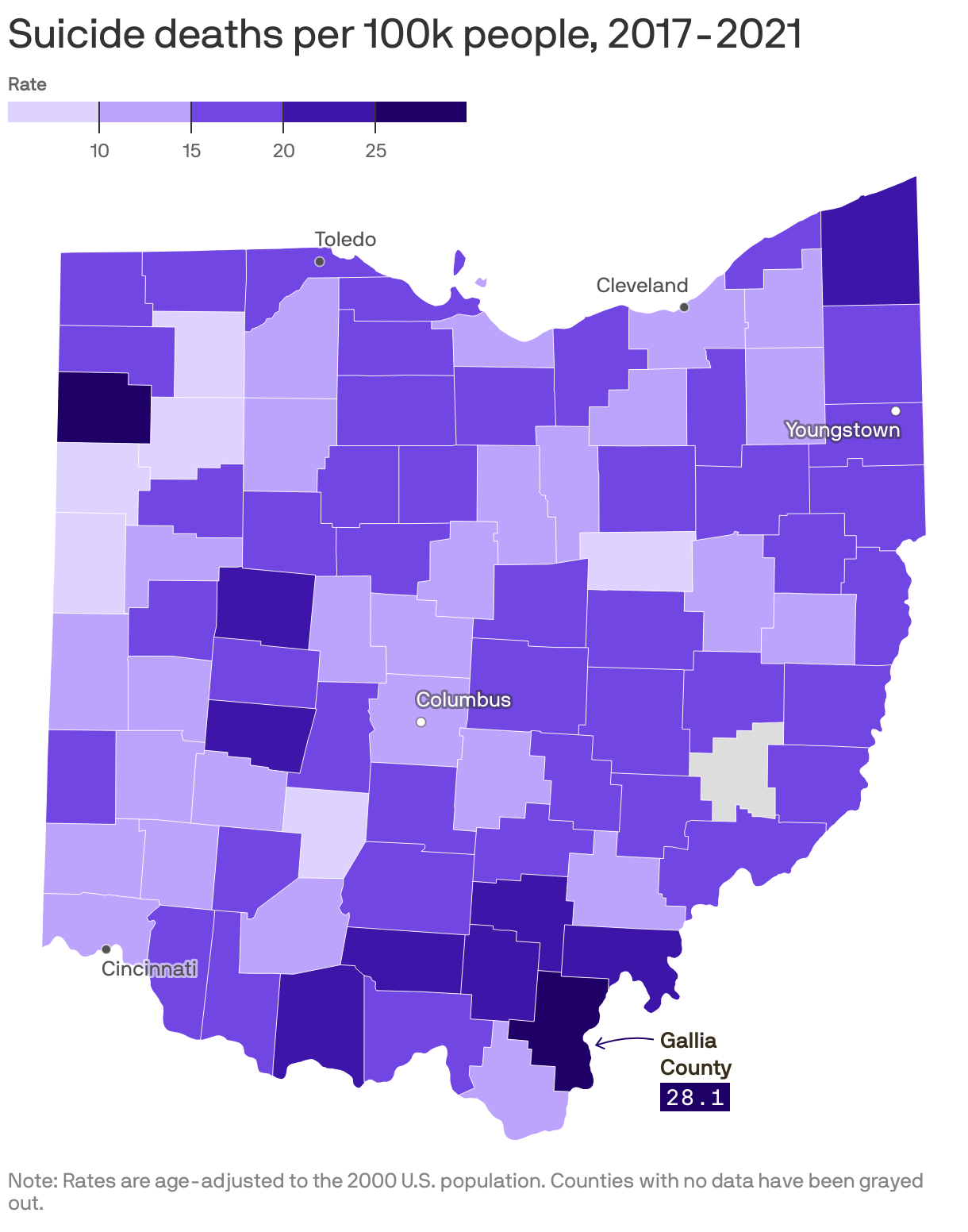 Suicide deaths per 100k people, 2017-2021