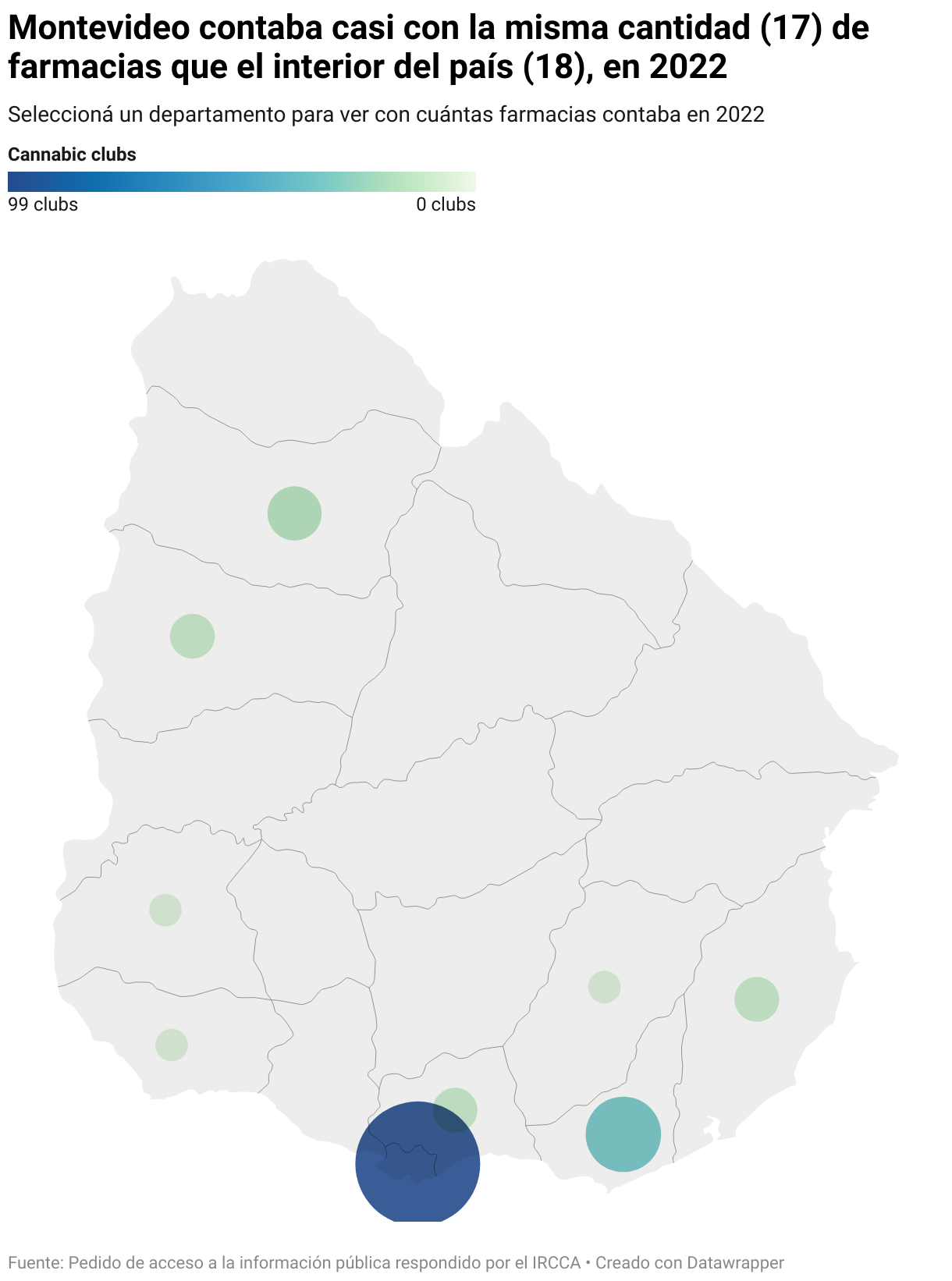 Mapa de farmacias uruguayas que venden marihuana en 2022 donde Montevideo tenía casi el mismo número (17) de farmacias que el interior del país (18). La fuente es el informe IRCCA de diciembre de 2022.