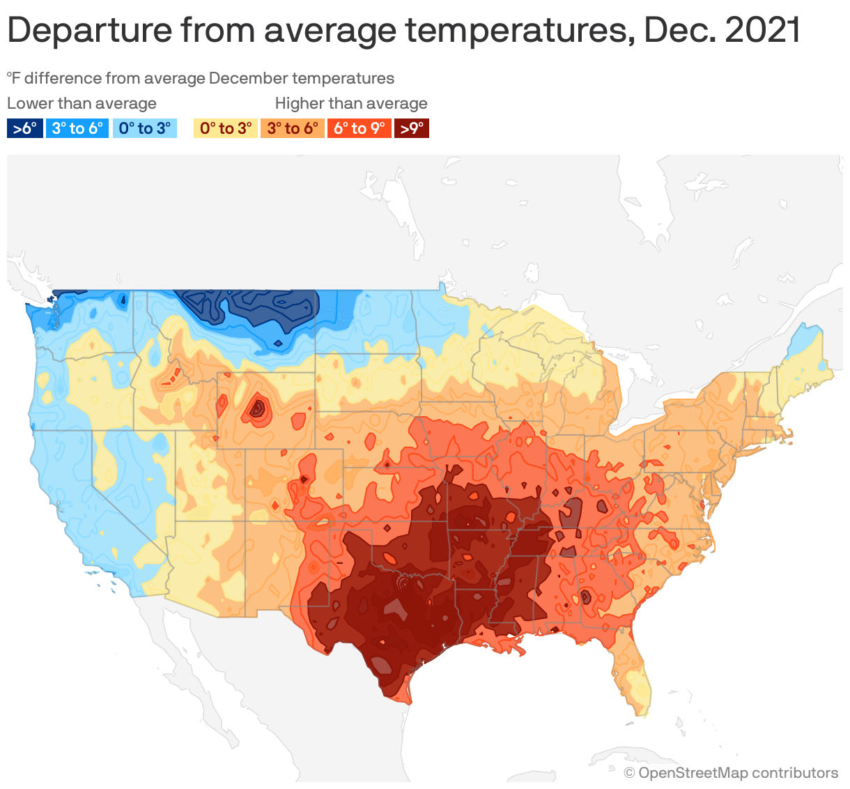 Departure from average temperatures, Dec. 2021