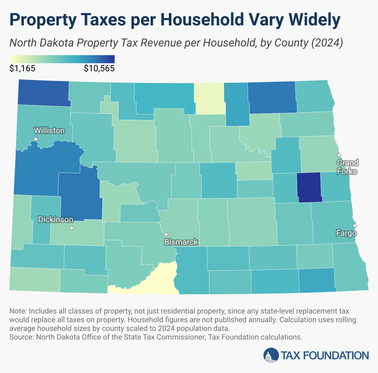 Property Taxes per Household Vary Widely (Choropleth map)