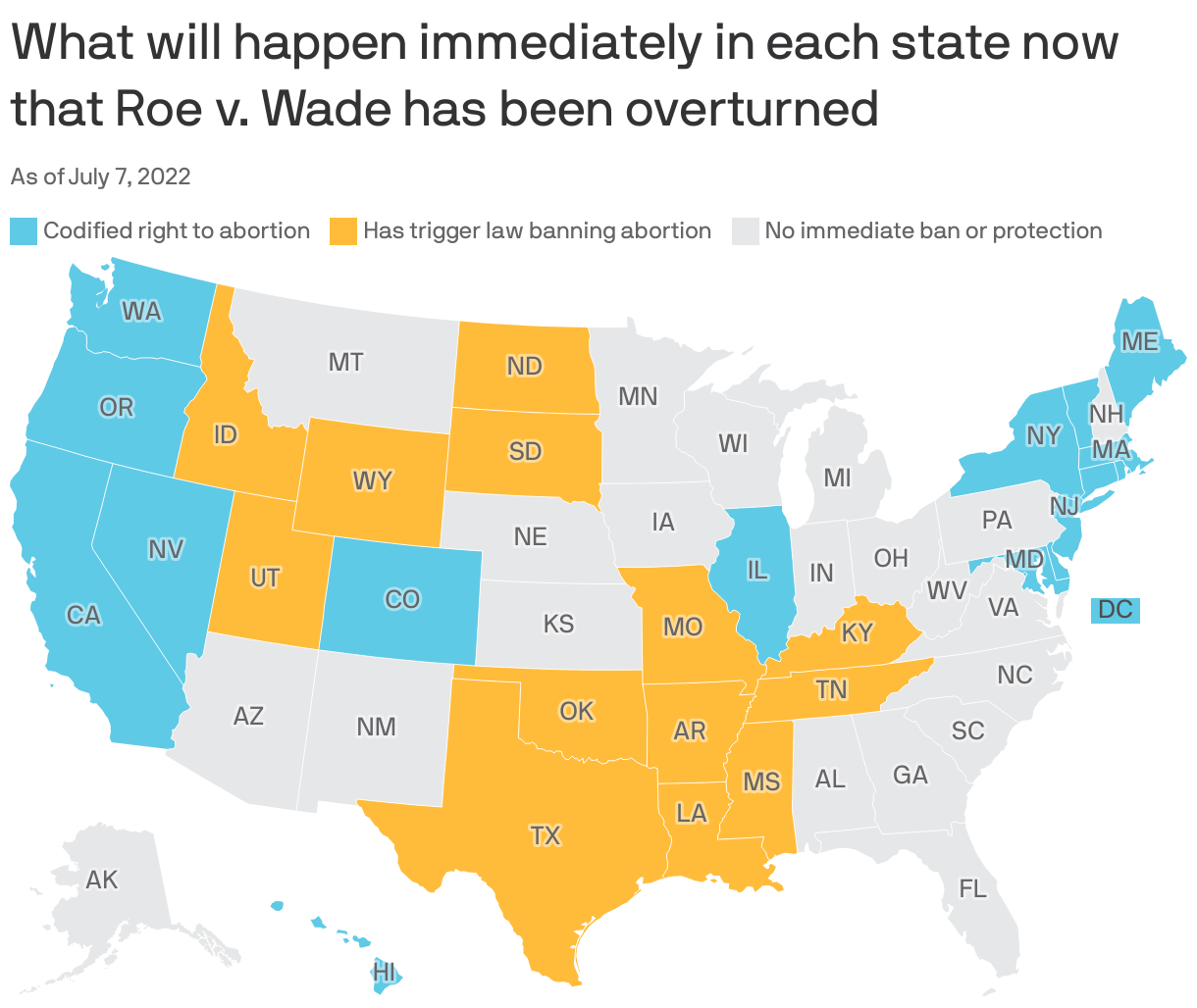 What will happen immediately in each state now that Roe v Wade has been overturned