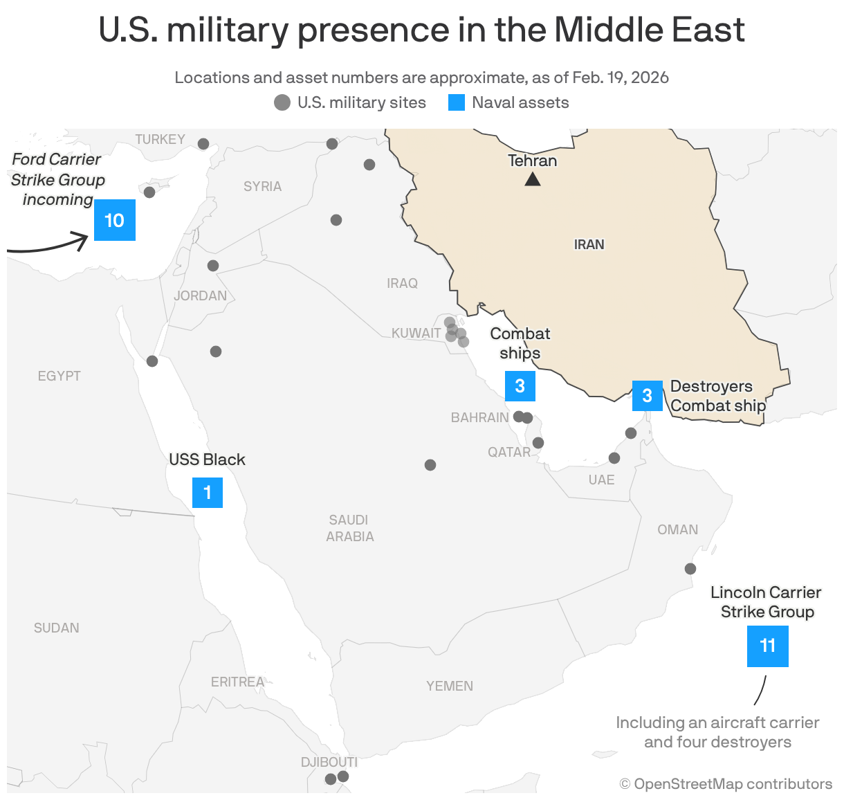 A map showing the approximate locations of U.S. military presence and naval assets in the Middle East as of February 19, 2026. In addition to established military sites throughout, more naval assets are being repositioned in the region. This includes the Lincoln and Ford Carrier Strike Groups; multiple destroyers in the Red Sea, Persian Gulf and Strait of Hormuz; and combat ships.