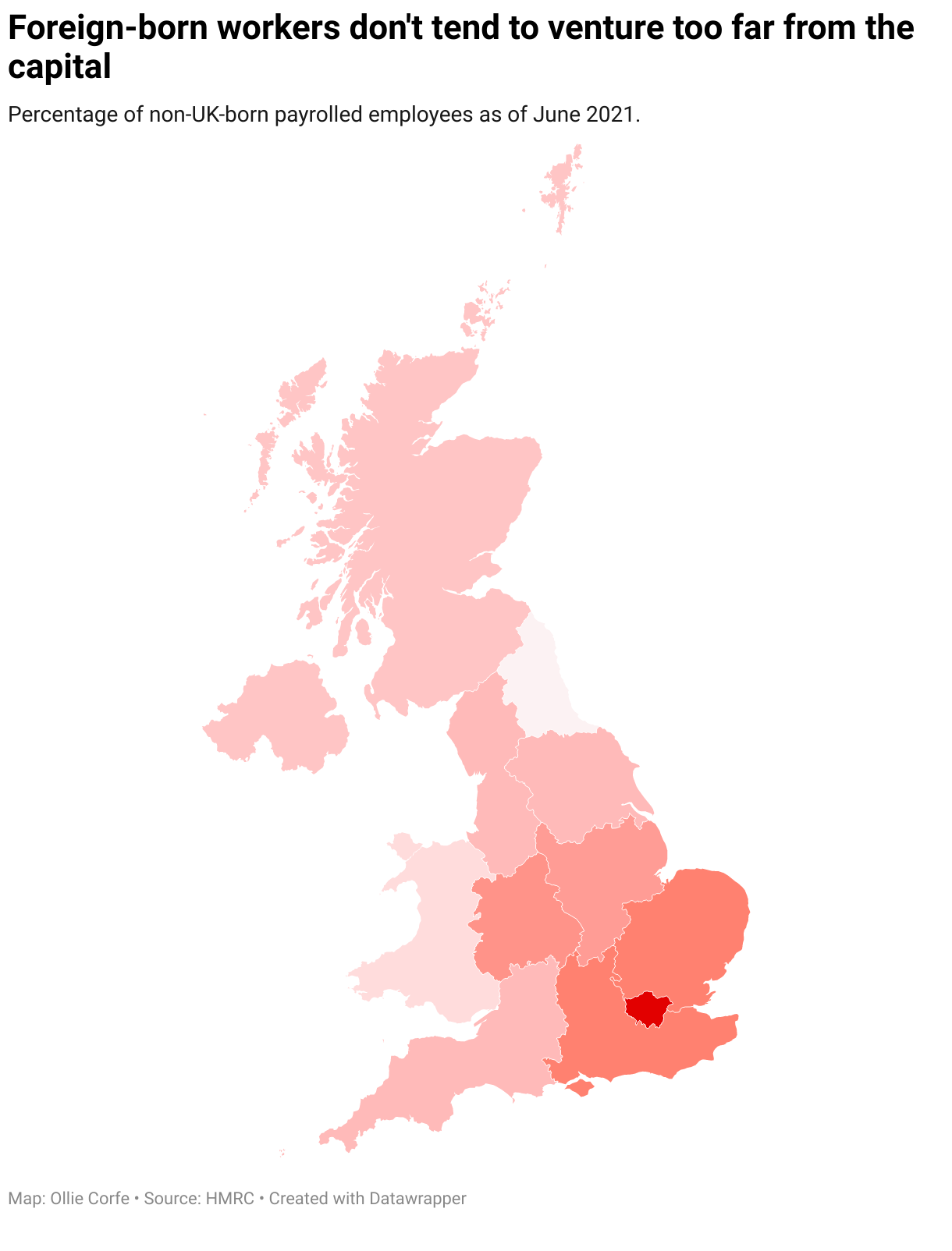 Map of foreign-born workers as a share of all payrolled employees per UK region.