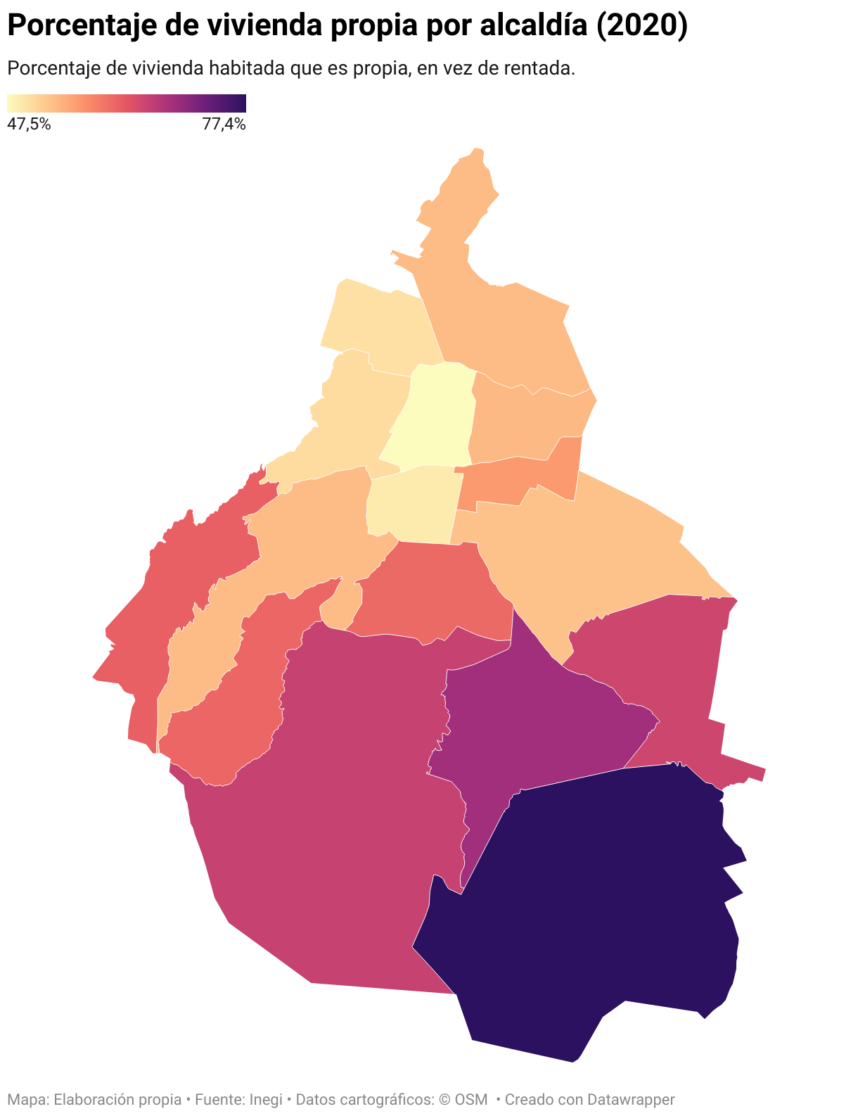 Porcentaje de vivienda propia por alcaldía (2020) (Mapa coroplético)