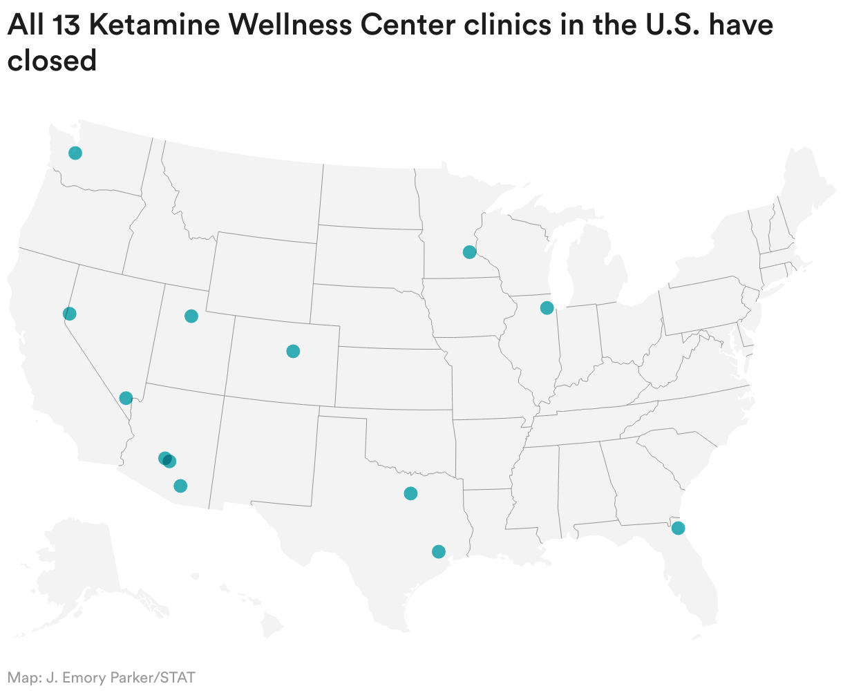 Map displaying the 13 locations of Ketamine Wellness Centers in the United States