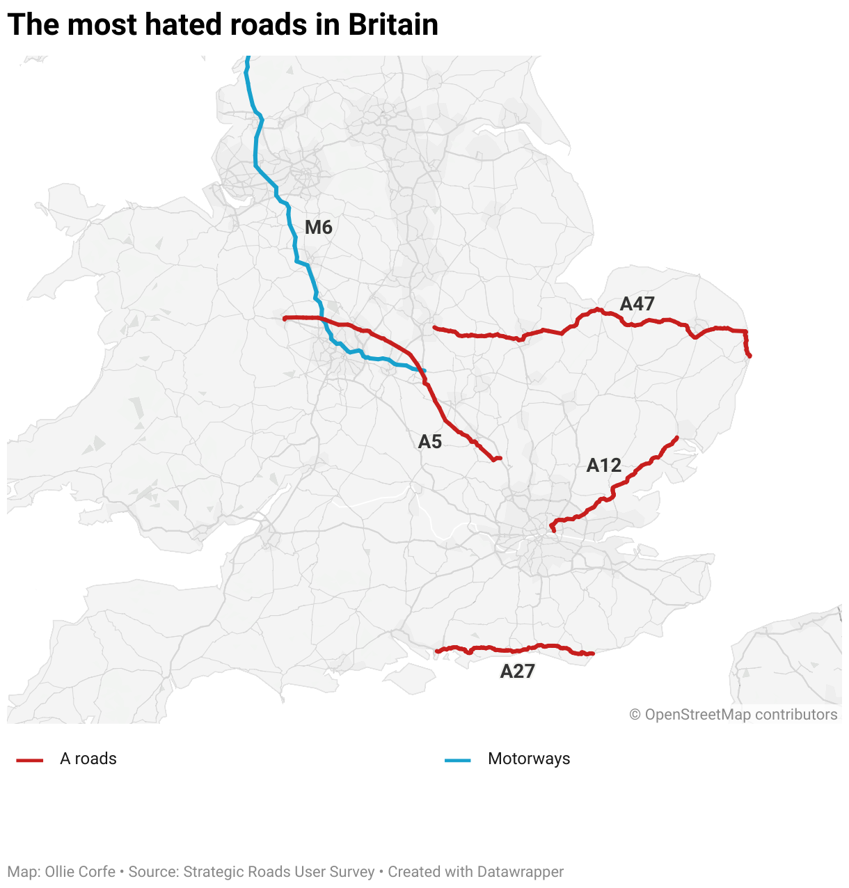 Map of most hatred roads in Britain.
