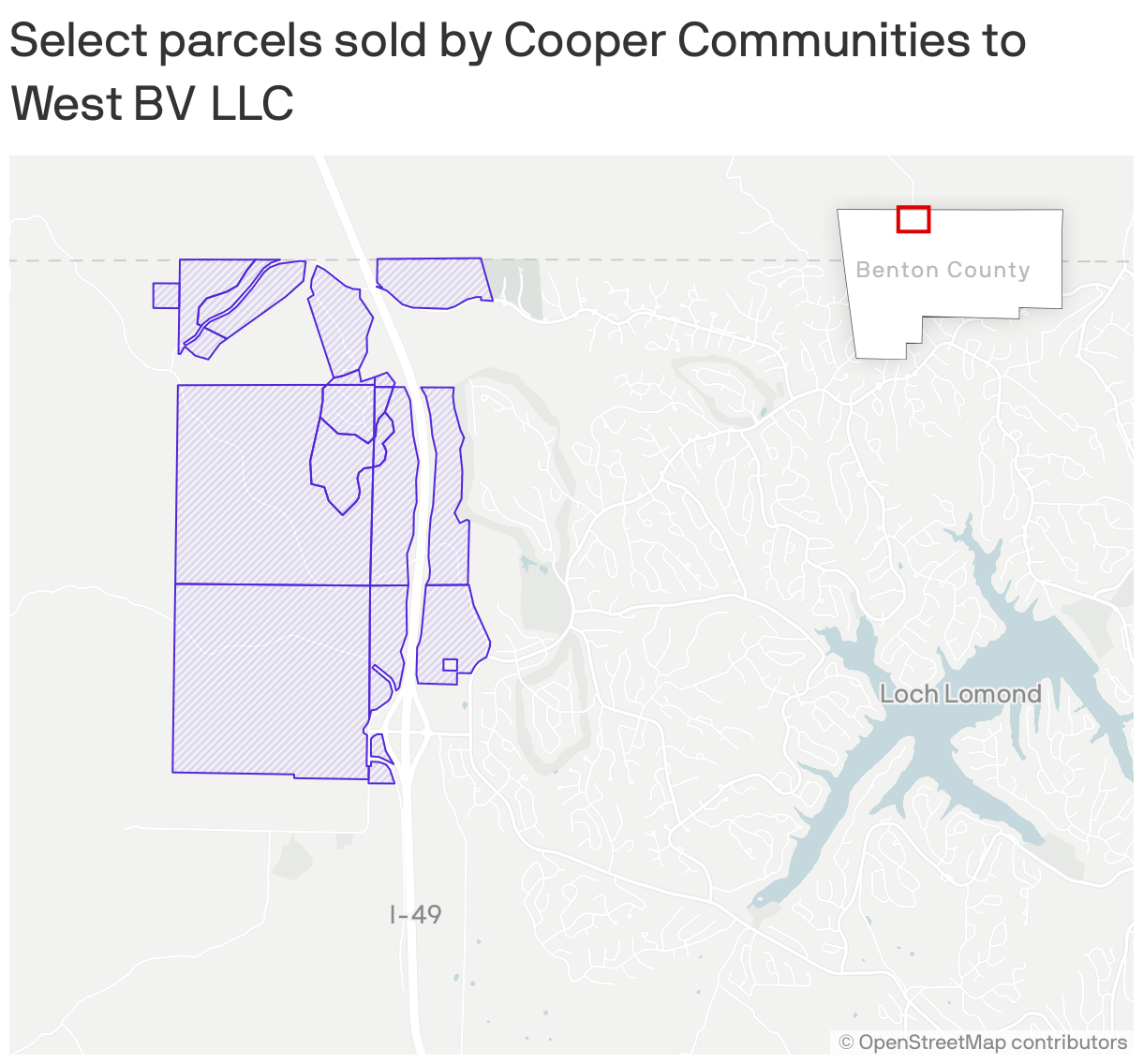 A map showing the location of select parcels sold by Cooper Communities to West BV LLC in northern Benton County, Ark.