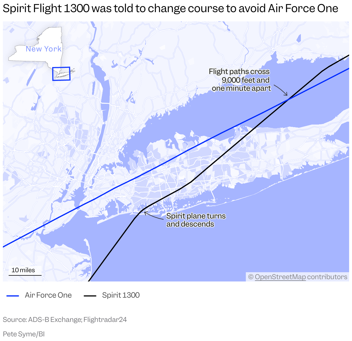 A map of Long Island, New York, shows the flight paths of Air Force One and Spirit Flight 1300 on Tuesday 16 September 2025.