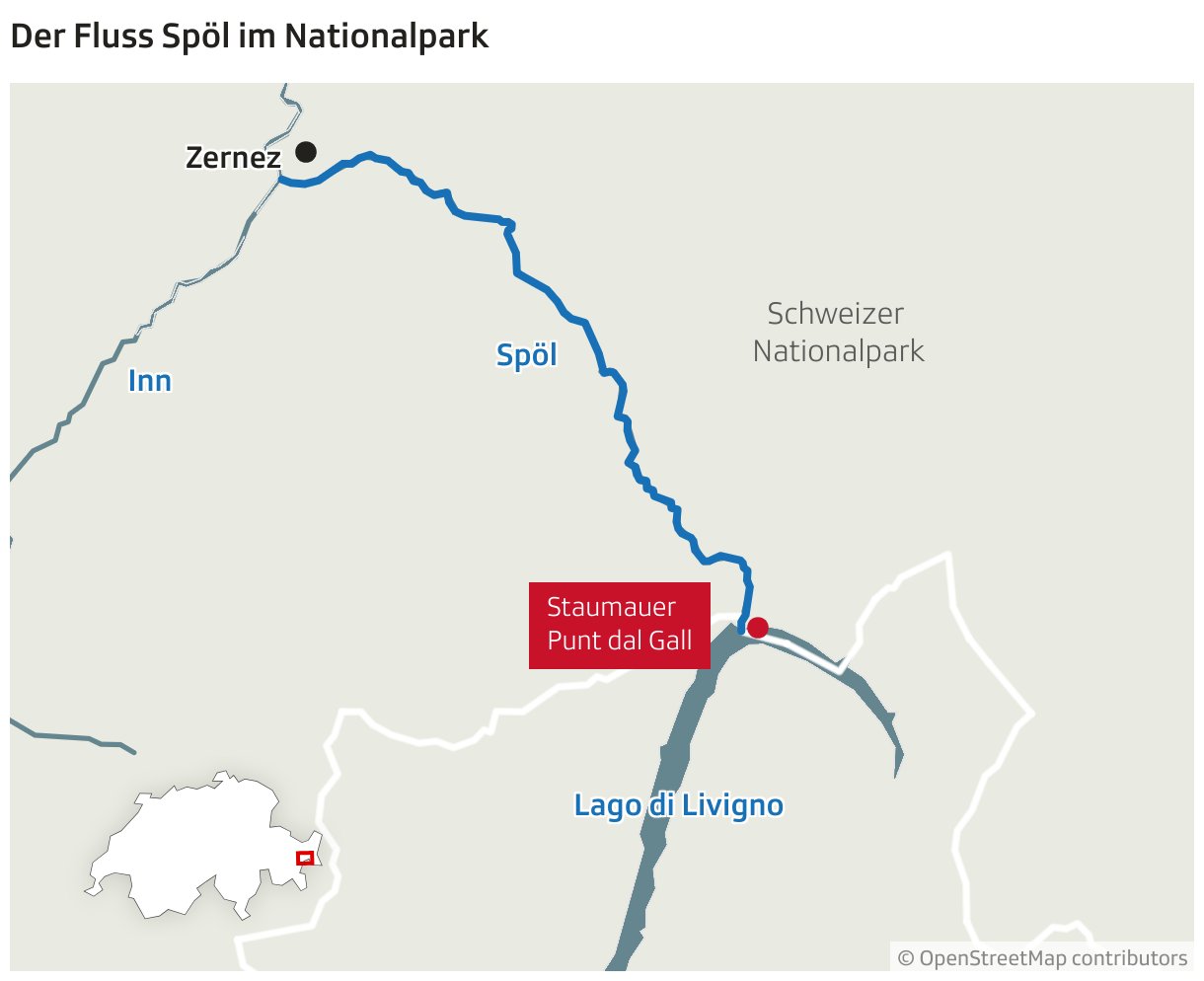 Der Fluss Spöl im Nationalpark (Locator-Karte)