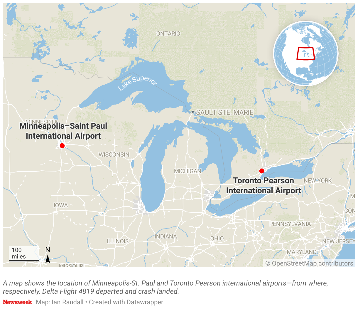 A map shows the location of Minneapolis-St. Paul and Toronto Pearson international airports—from where, respectively, Delta Flight 4819 departed and crash landed.