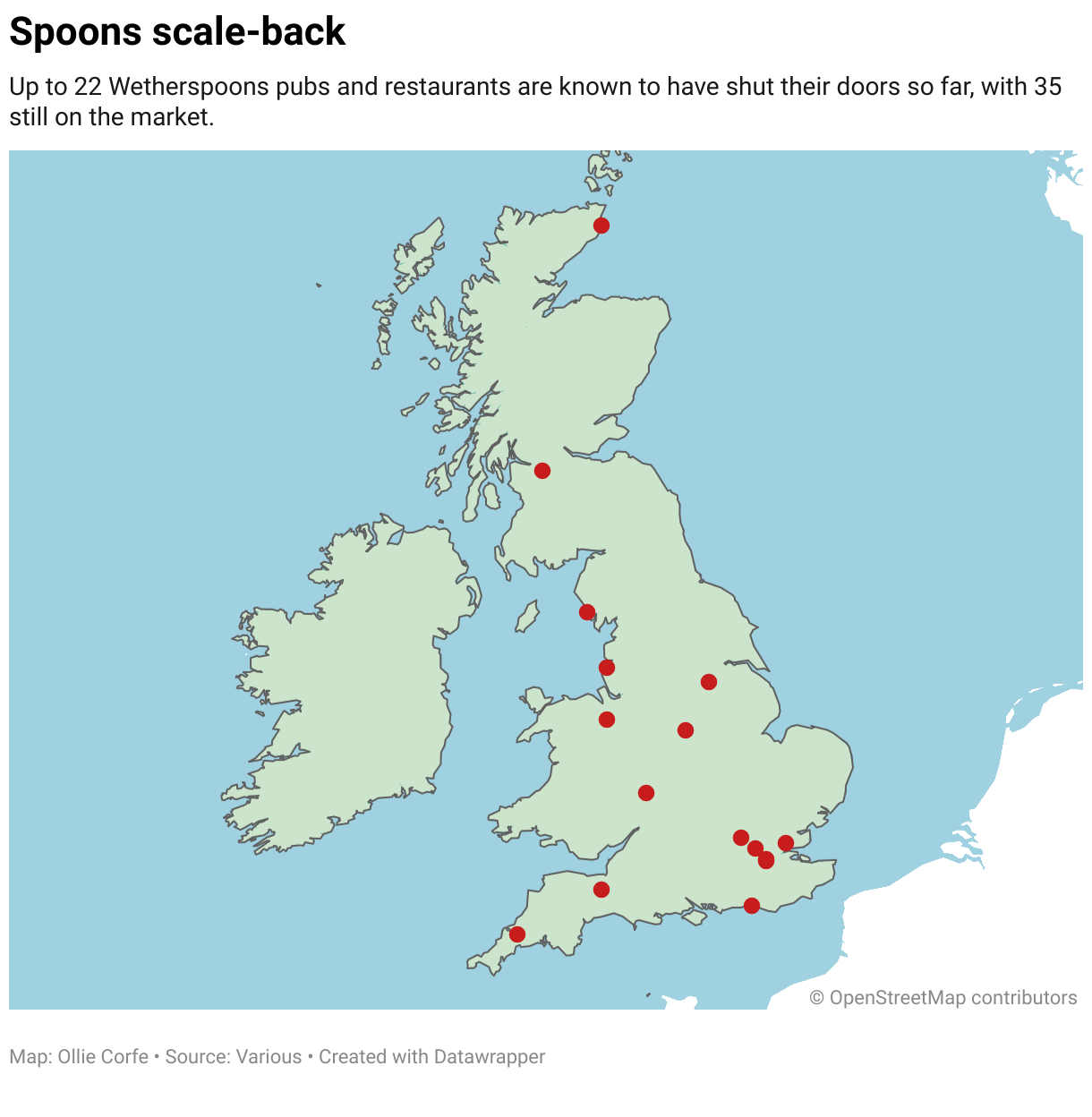 Map of recently closed Wetherspoons pubs in the UK.