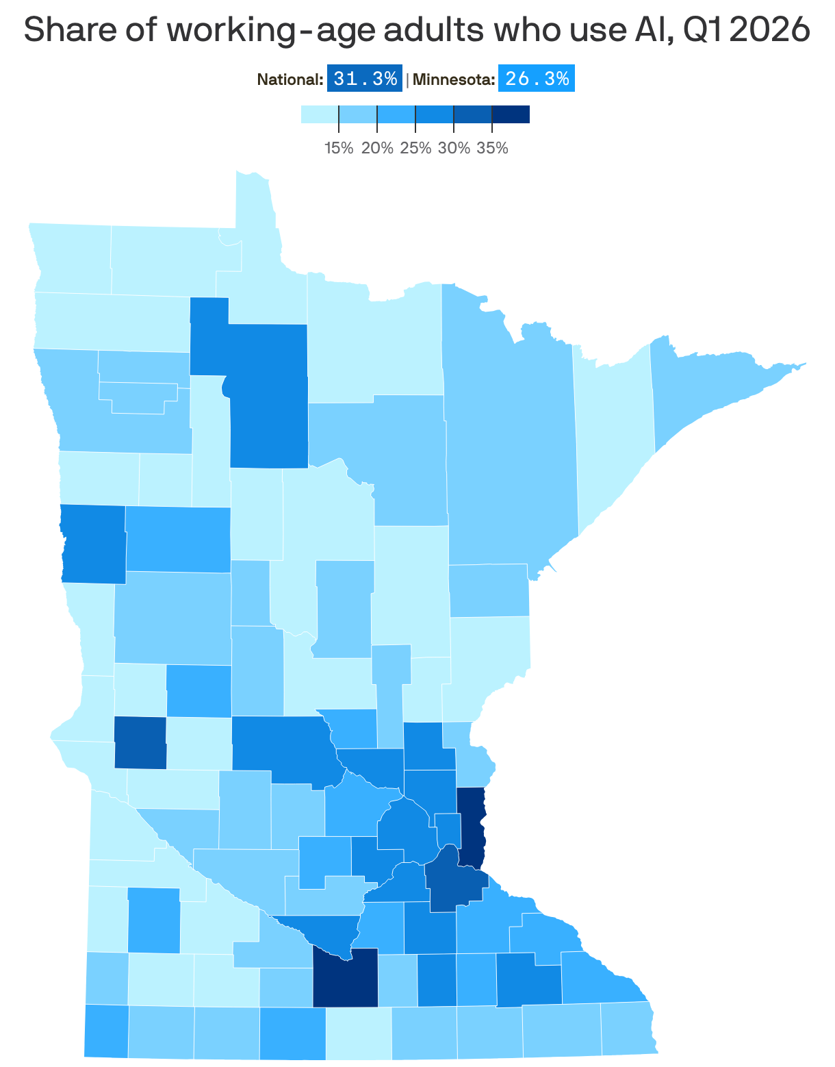 A chloropleth map of Minnesota counties showing the share of working adults who use AI by county. In general, the share of AI users in rural counties is smaller than in more populated counties or those in the Twin Cities metro area — but two counties with the highest share of AI users are more rural: Blue Earth County and Stevens County.
