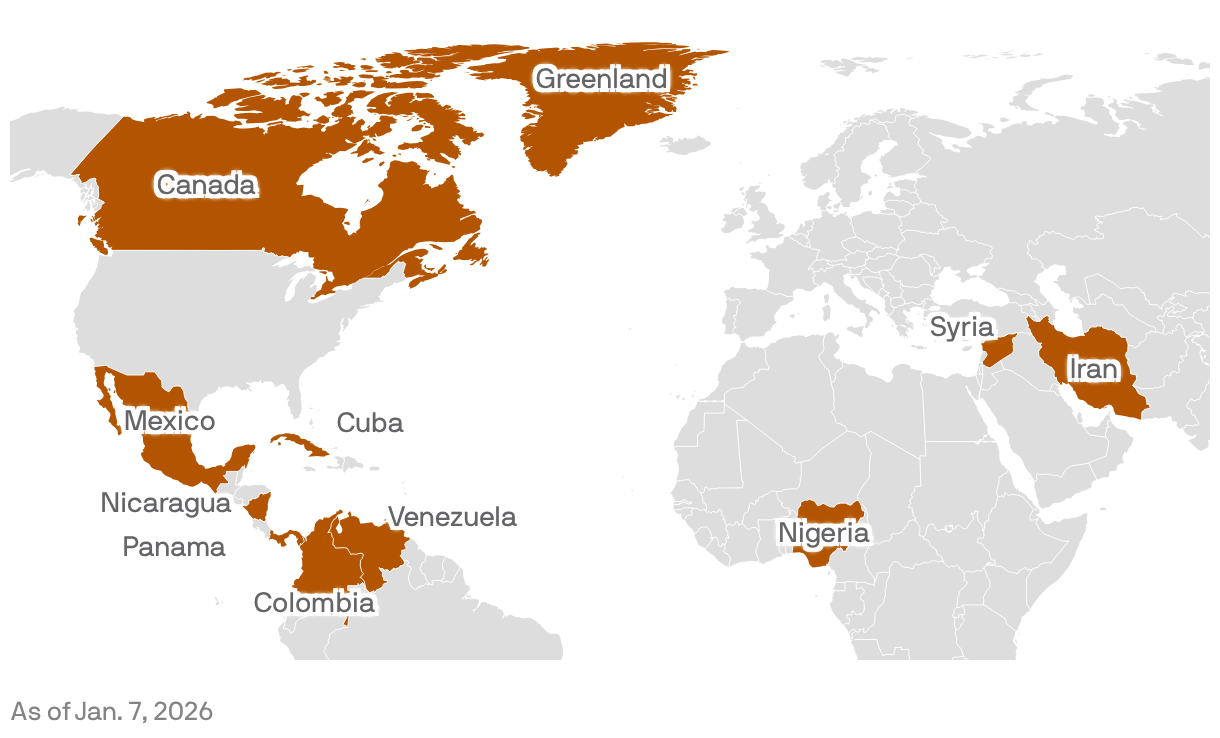 A world map shows countries that Trump has threatened, as of Jan. 7, 2026. Highlighted in dark orange are Canada, Colombia, Cuba, Greenland, Iran, Mexico, Nicaragua, Nigeria, Panama, Syria and Venezuela.