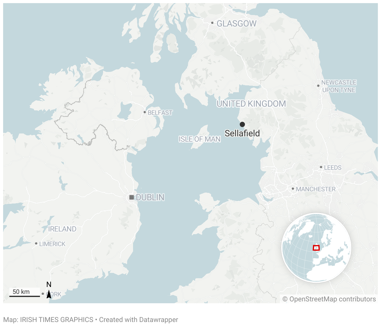 Map showing location of Sellafield nuclear plant, in Cumbria, England, in relation to Ireland