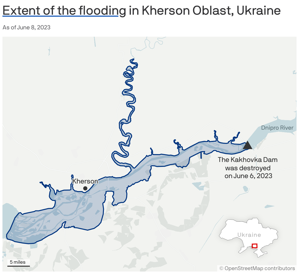 <span style="text-decoration:underline;text-decoration-color:#054cb2;">Extent of the flooding</span> in Kherson Oblast, Ukraine