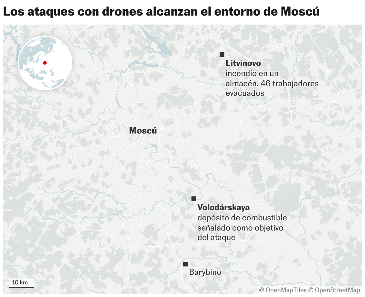 Los ataques con drones alcanzan el entorno de Moscú (Mapas de ubicación)