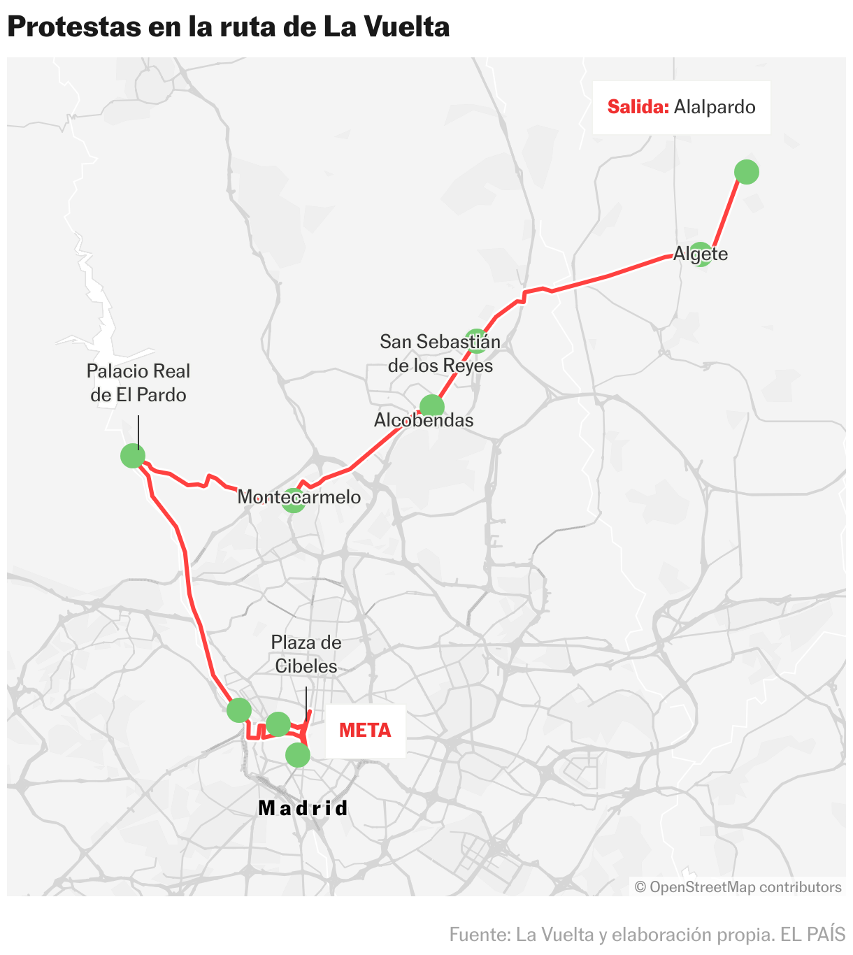 Protestas en la ruta de La Vuelta (Mapas de ubicación)