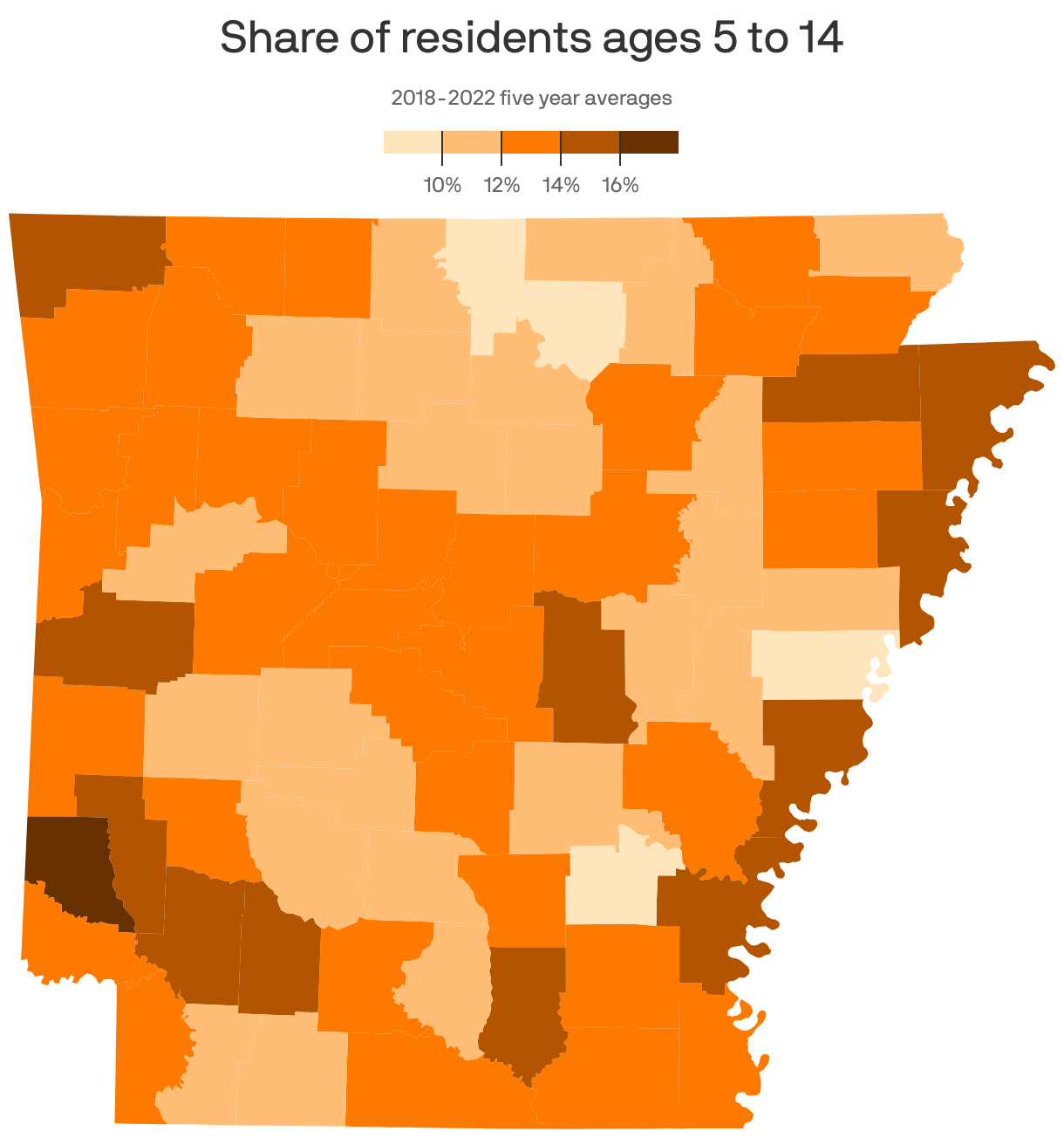 A county choropleth map showing the share of residents who are ages 5-14.