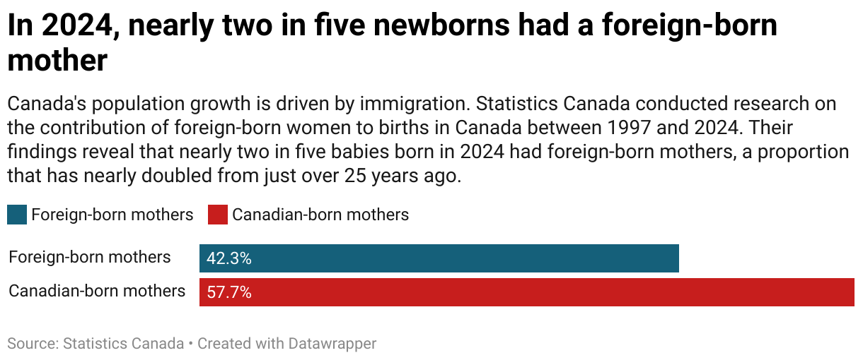 In 2024, nearly two in five newborns had a foreign-born mother (Bar Chart)