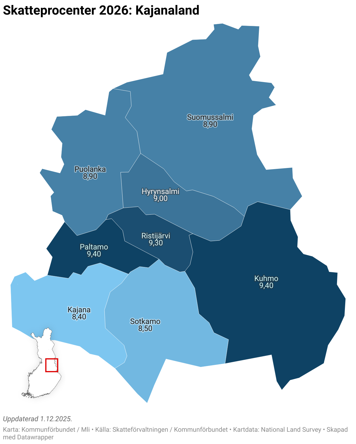 Skatteprocenter 2026: Kajanaland (Choropleth map)