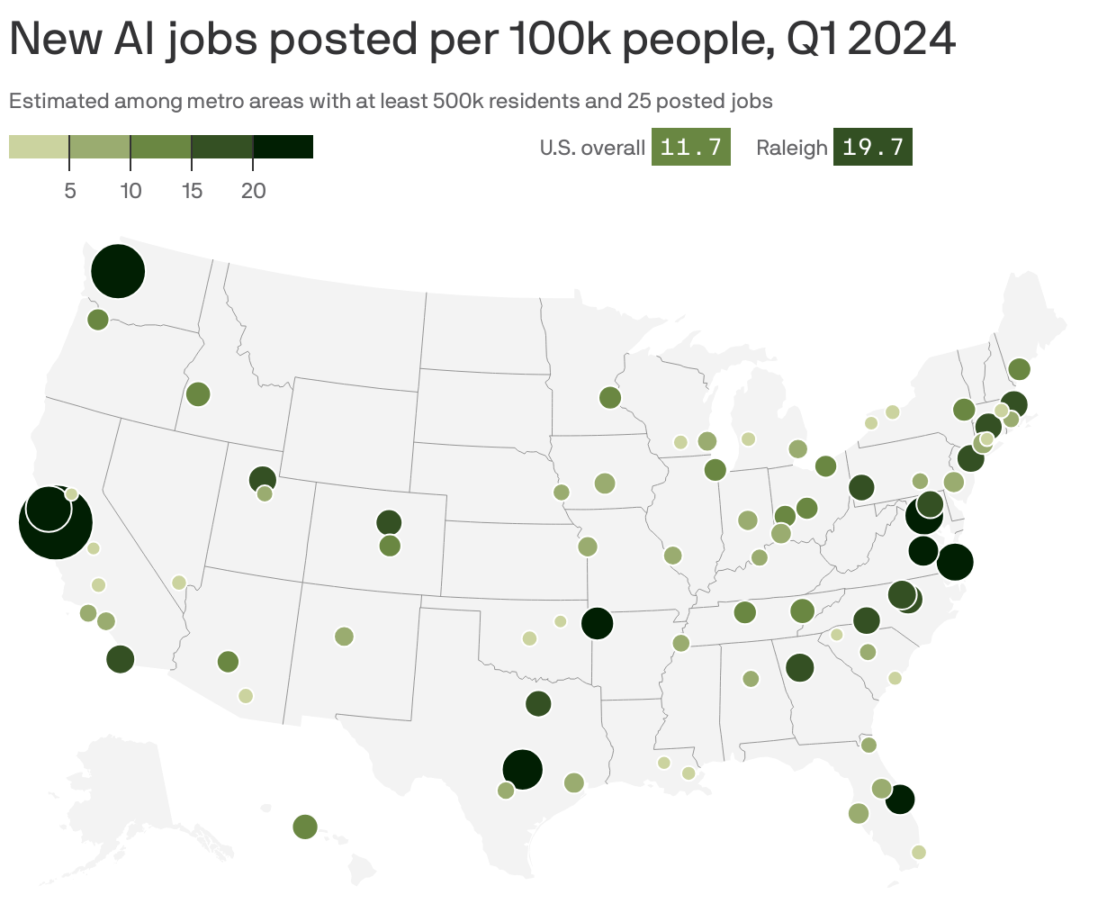 New AI jobs posted per 100k people, Q1 2024