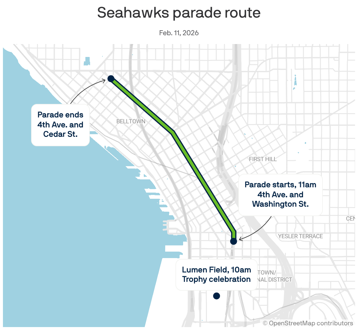 A map of Seattle showing the parade route for the Seahawks on February 11, 2026. After a 10am trophy celebration at Lumen Field, the parade will begin on 4th Ave. and Washington St. at 11am, ending at 4th Ave. and Cedar St.