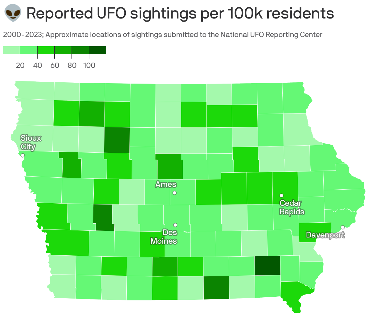👽 Reported UFO sightings per 100k residents