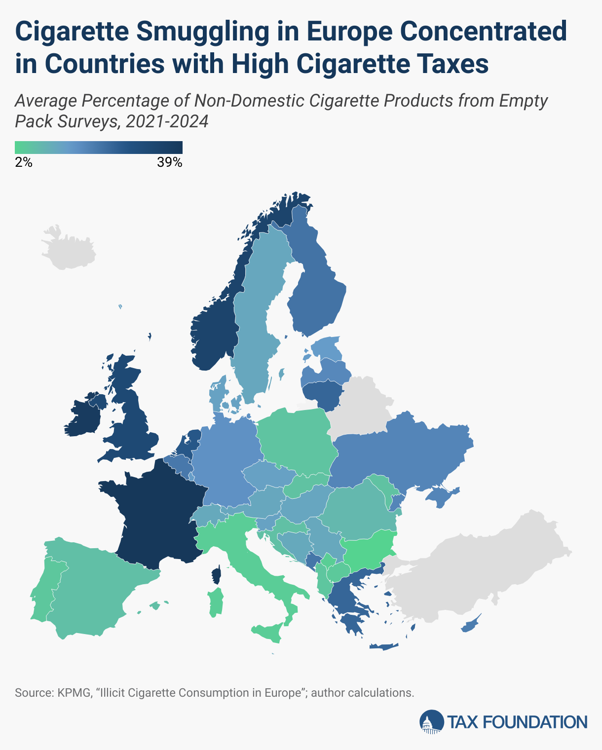 Cigarette Smuggling in Europe Concentrated in Countries with High Cigarette Taxes (Choropleth map)
