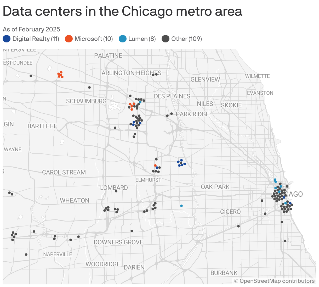 A map showing data centers in the Chicago metro area. A total of 138 data centers are shown. 11 are owned by Digital Realty. 10 are owned by Microsoft. 8 are owned by Lumen. 109 are owned by other companies.