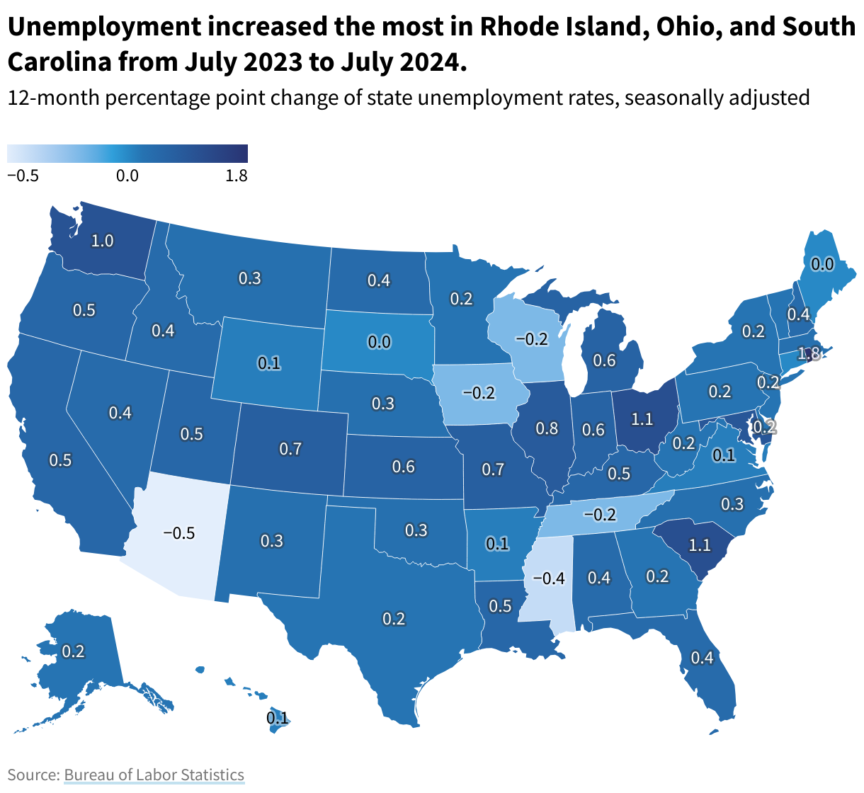 State map showing 12-month change in unemployment rates from 2023 to 2024.