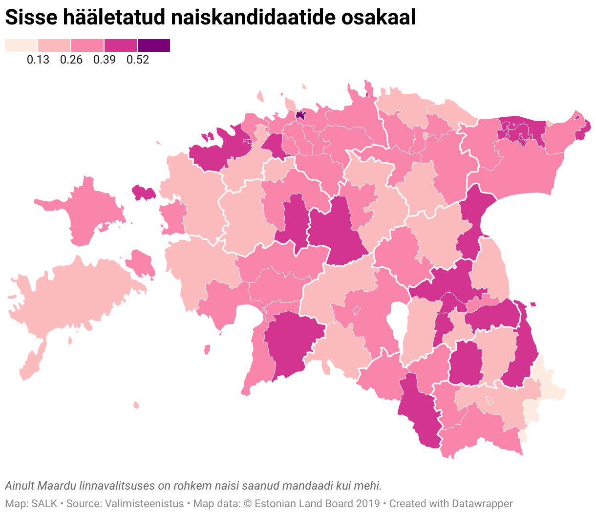 A map of Estonian municipalities that show the proportions of women elected into local government in each county.