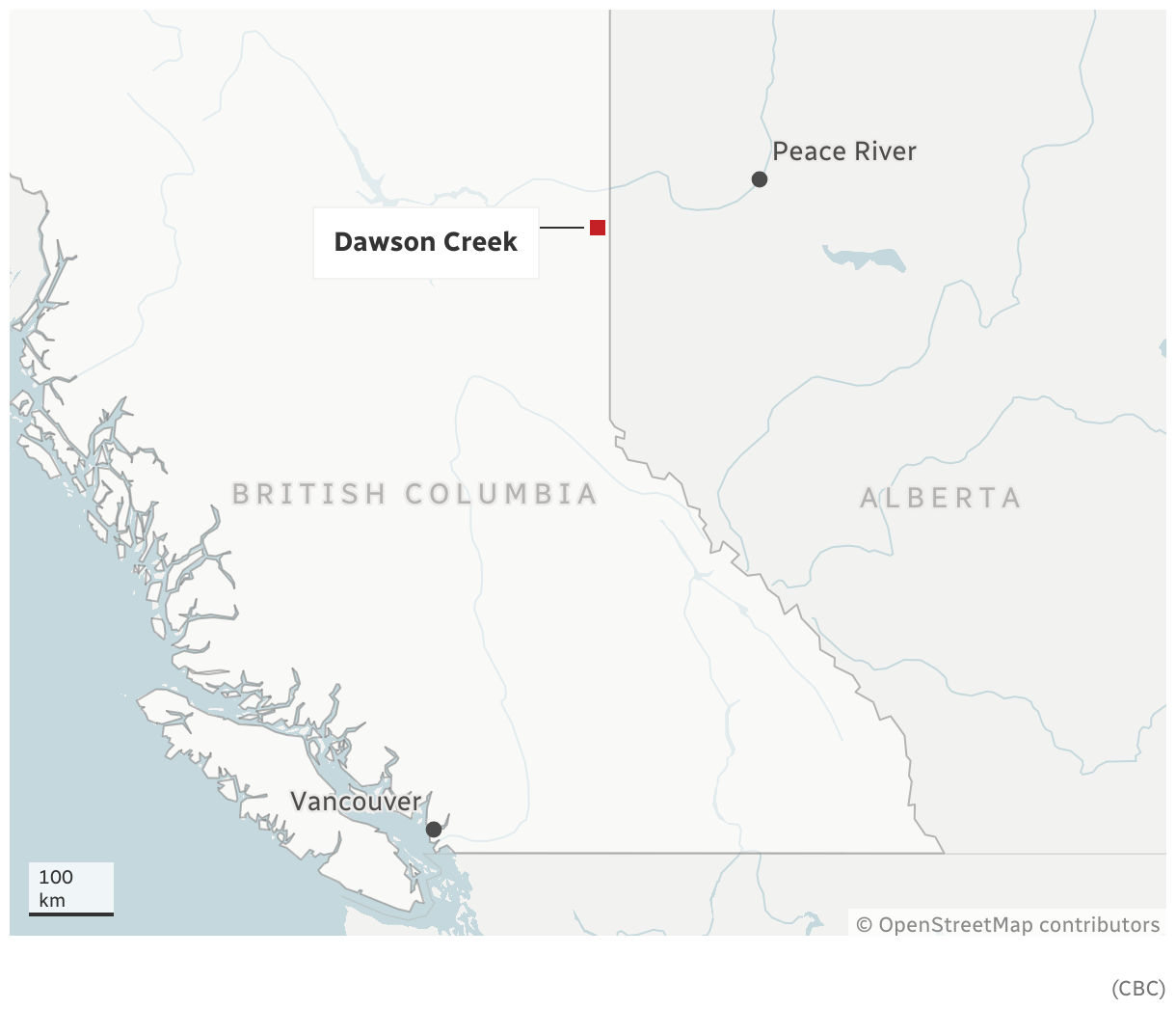 A red box marks the main location of the Dawson Creek, British Columbia on a locator map in neutral grey (land) and blue (ocean/waterways) hues. Secondary locations of: Vancouver Peace River, British Columbia and Alberta are also included.