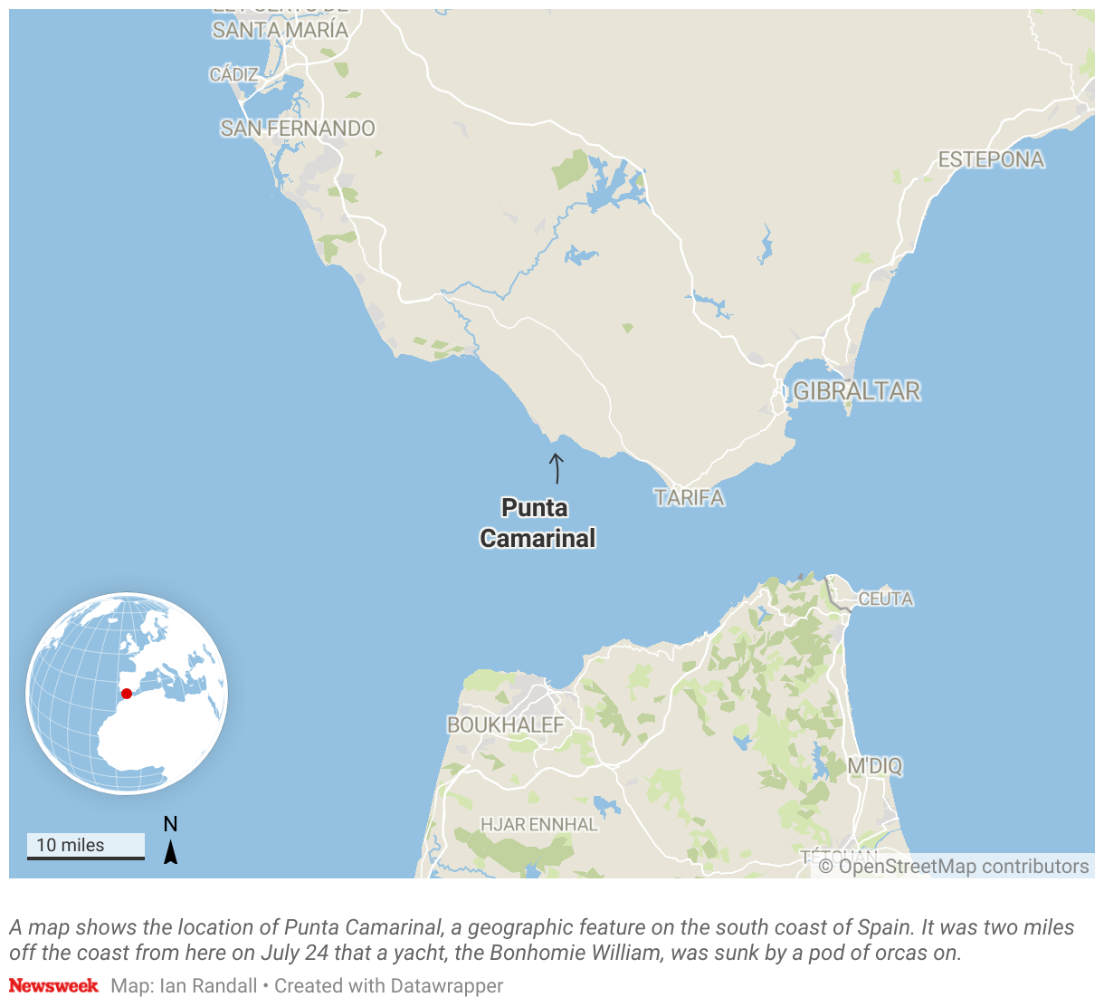 A map shows the location of Punta Camarinal, a geographic feature on the south coast of Spain.