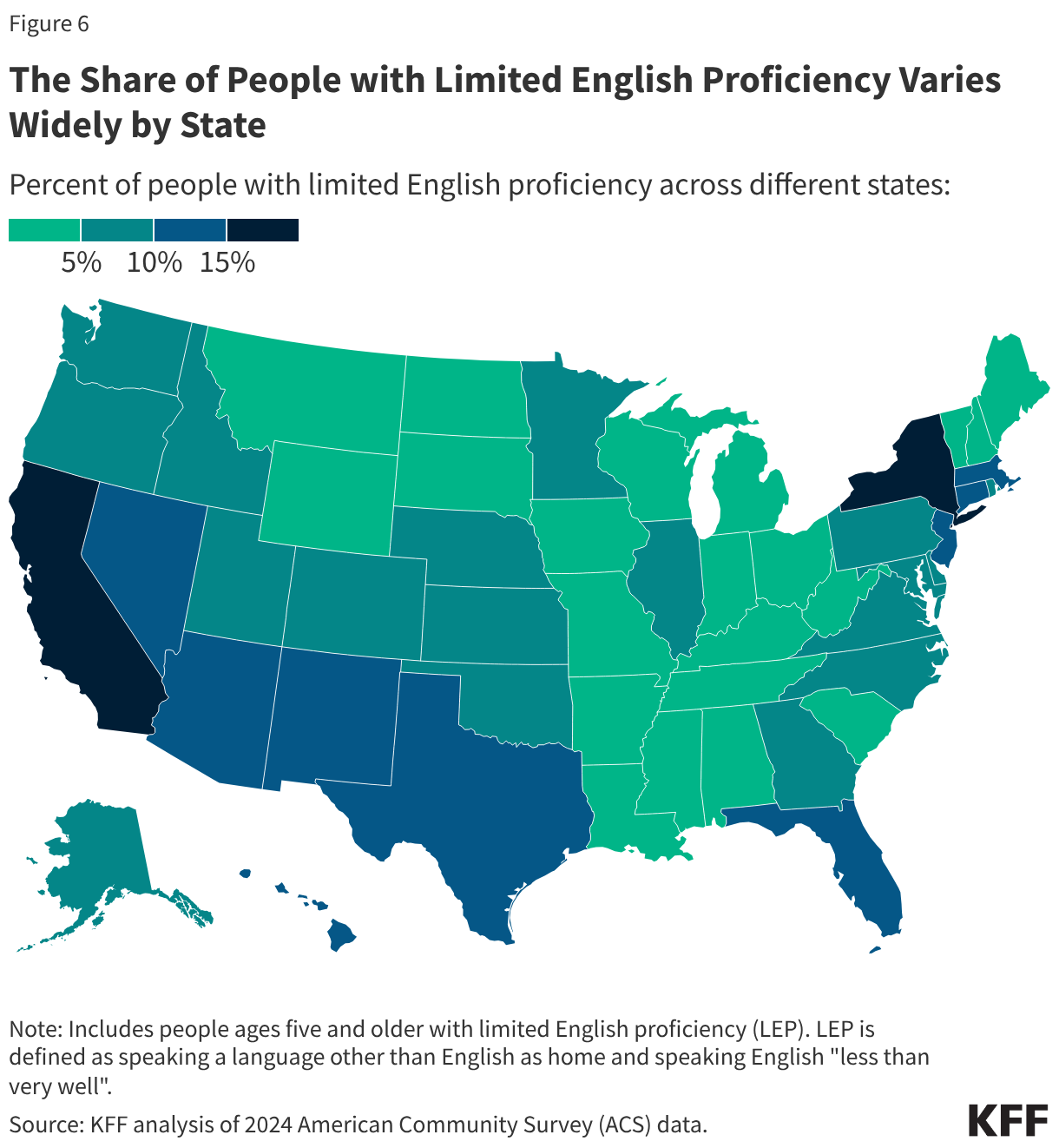 The Share of People with Limited English Proficiency Varies Widely by State (Choropleth map)