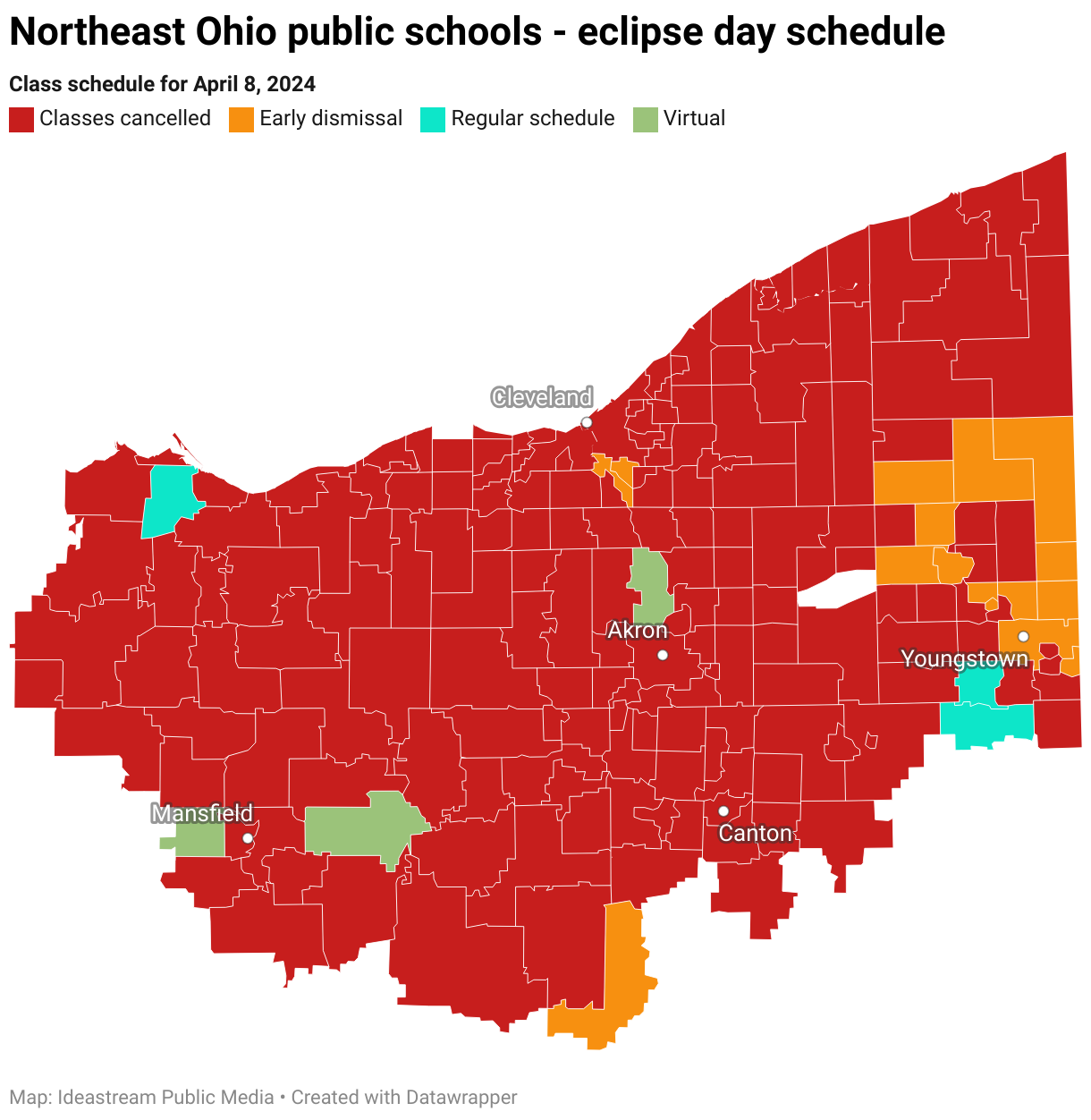 A survey of school districts in the path of totality for the April 8, 2024 solar eclipse on whether or not they're cancelling classes for the day.