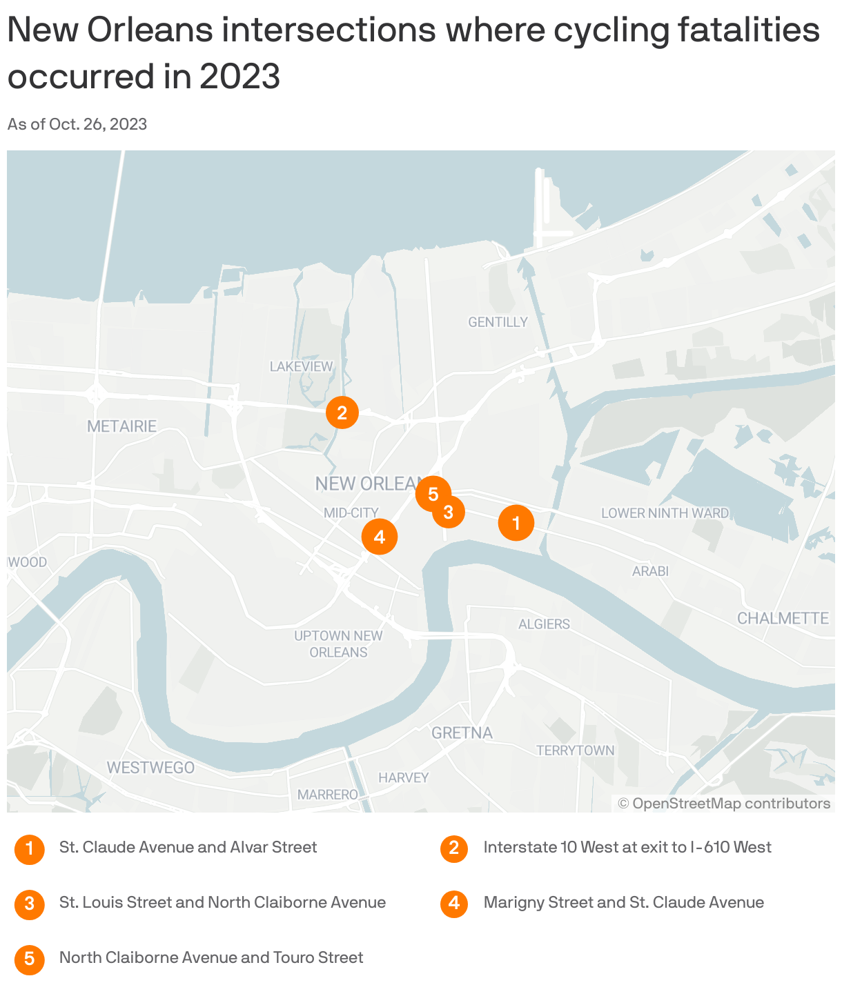 New Orleans intersections where cycling fatalities occurred in 2023