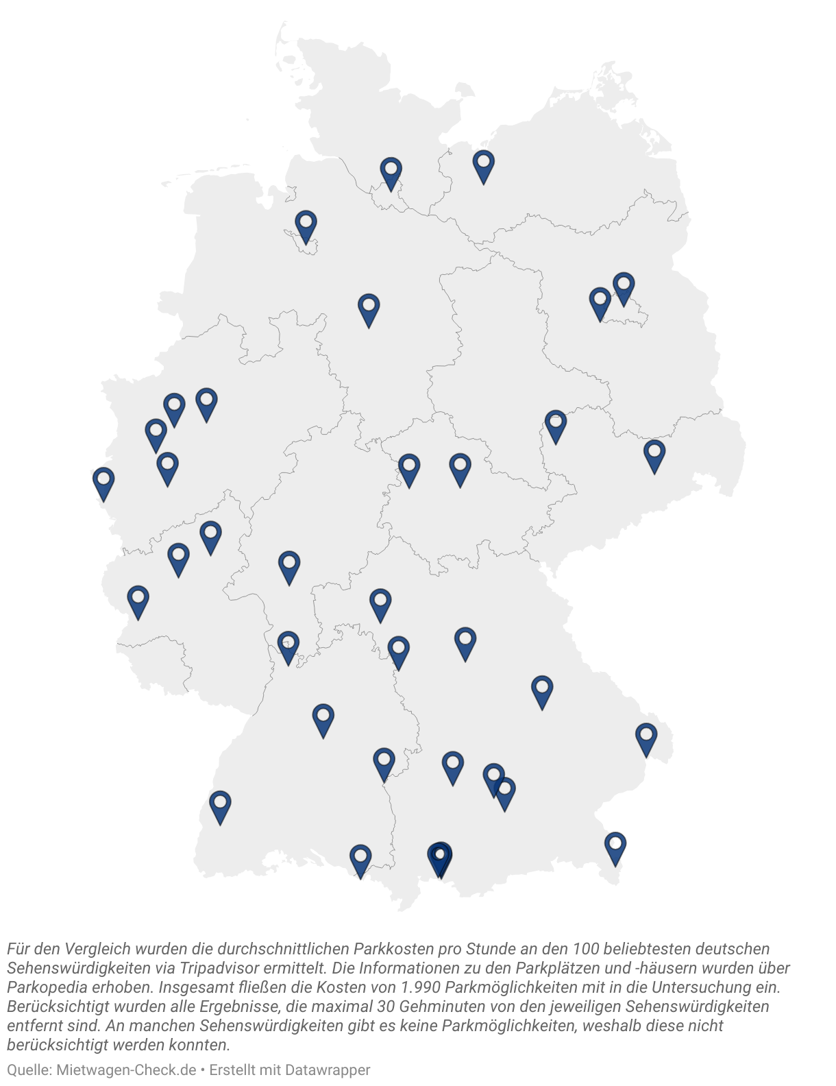 Landkarte mit den durchschnittlichen Kosten pro Parkplatz in den deutschen Städten