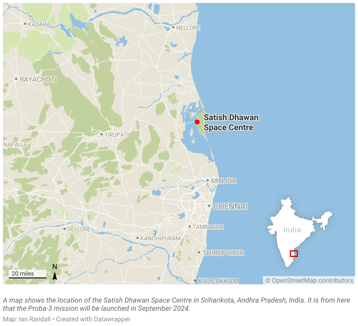 A map shows the location of the Satish Dhawan Space Centre in Sriharikota, Andhra Pradesh, India.