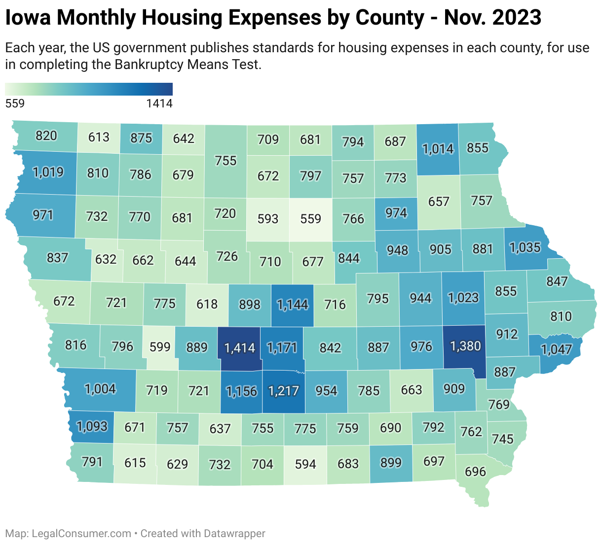 Map of Iowa Housing Expenses for Bankruptcy Means Test