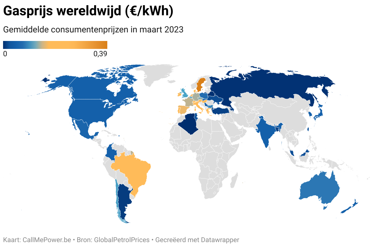 Wereldkaart met de gasprijzen per kWh per land