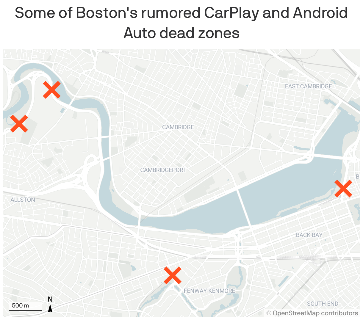 A map shows 4 spots in Boston where CarPlay and Android Auto are reported to stop working near the Charles River, Harvard athletic fields and Park Avenue bridge.