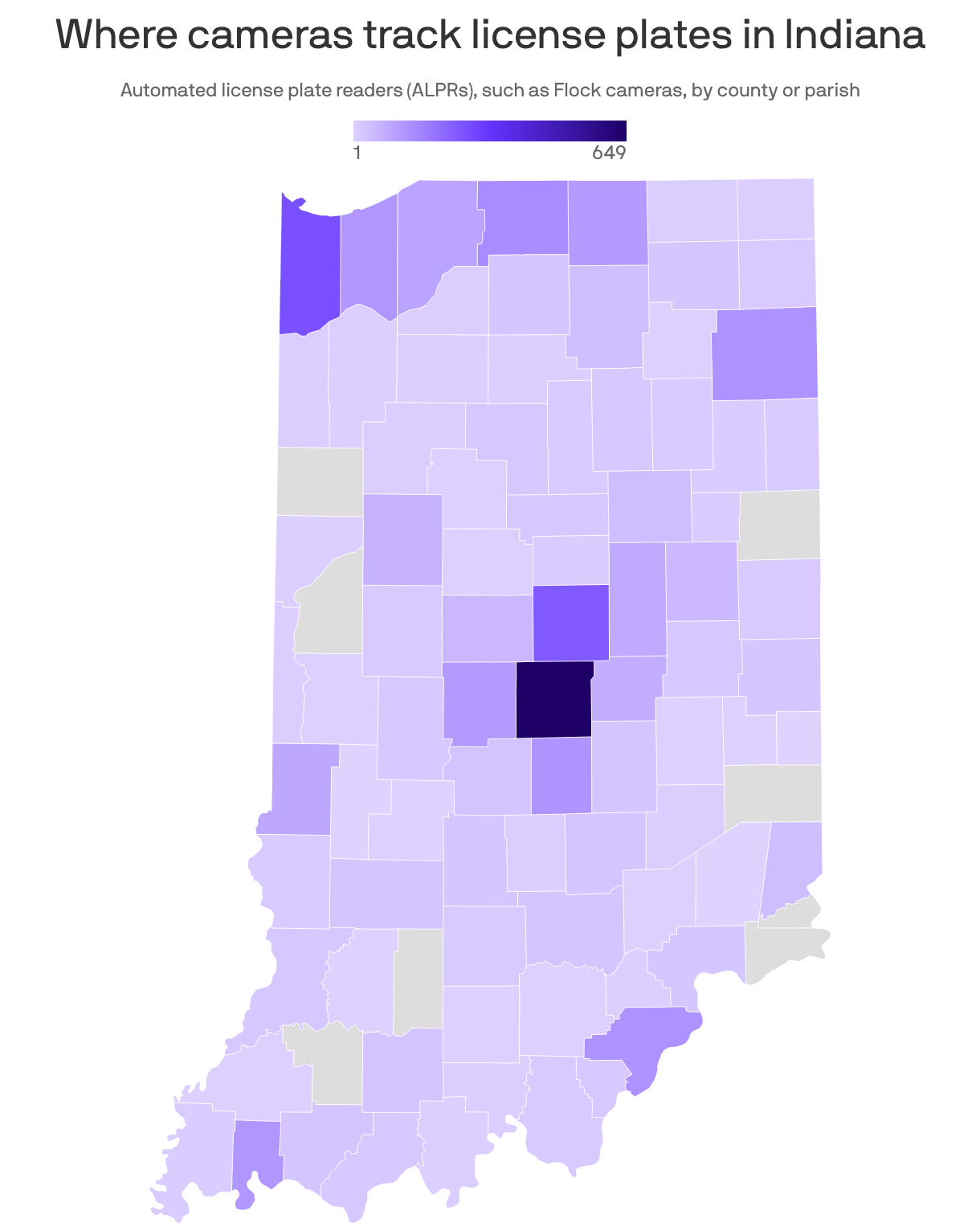 A map showing in the number of ALPR cameras in each county in the state. Darker shades represent more cameras, lighter shades represent fewer, and gray means there have been no cameras reported in that county.