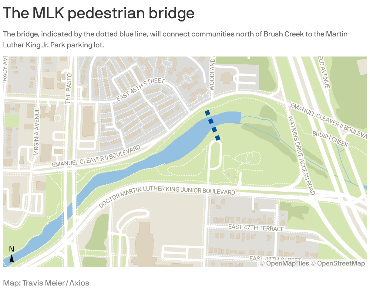 A green, brown, grey and blue map showing Brush Creek, Emanuel Cleaver II Boulevard and Martin Luther King Jr. Boulevard with a dotted line across blue water indicating where a new pedestrian bridge will be located.